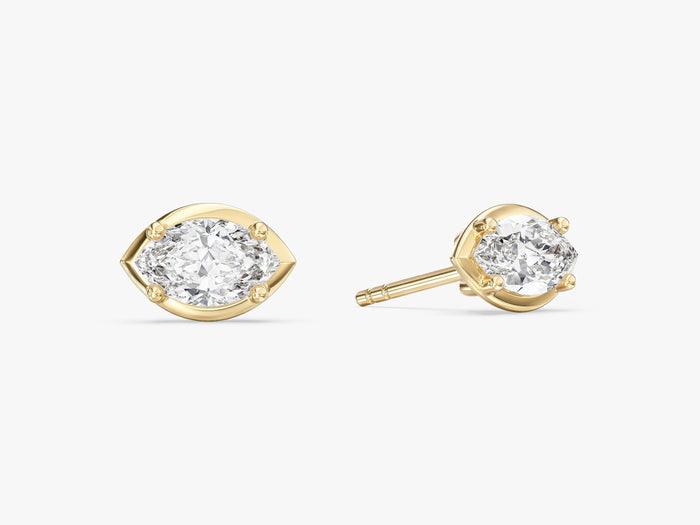 Pair of marquise bezel set solitaire lab grown diamond stud earrings in yellow gold, E color VVS2 lab grown diamonds