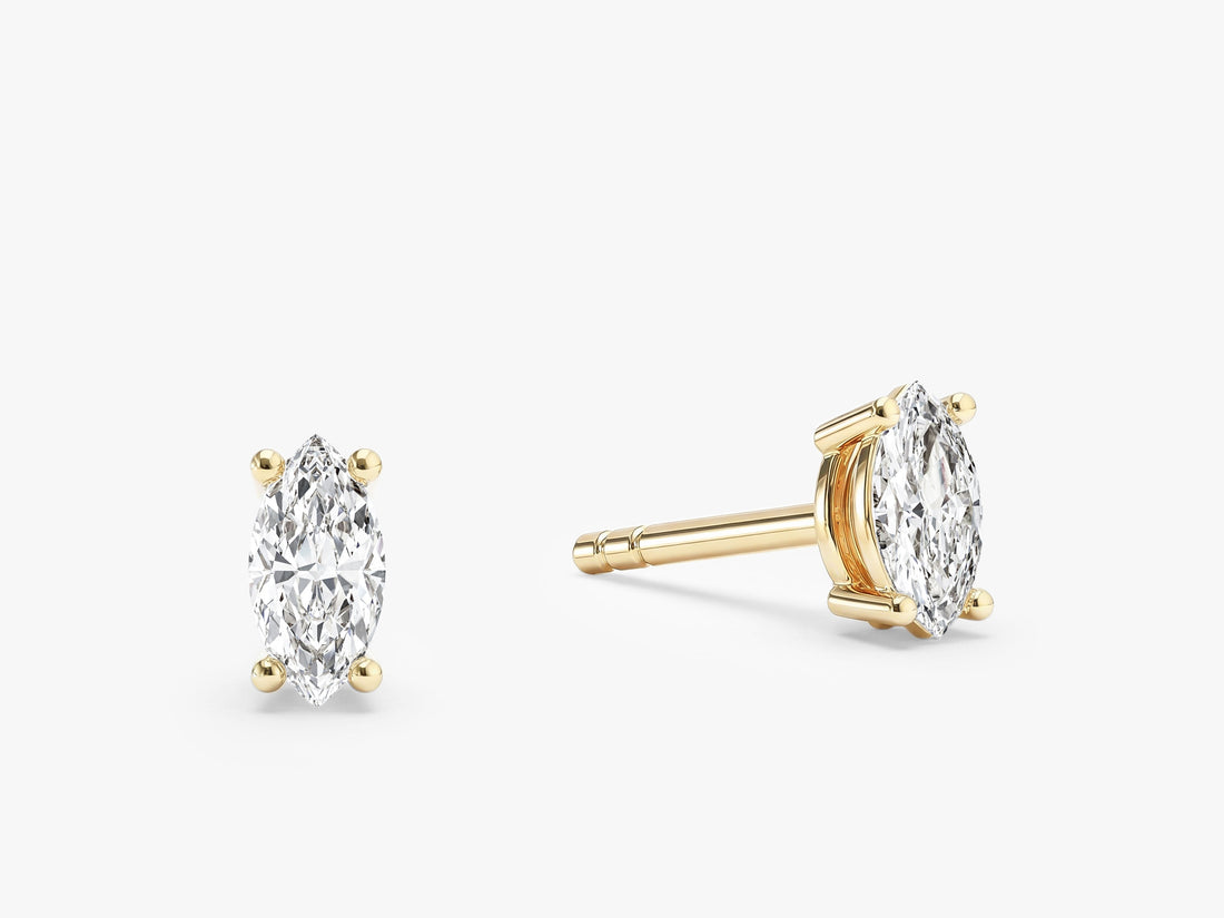 Pair of marquise classic 4 prong solitaire lab grown diamond stud earrings in yellow gold, E color VVS2 lab grown diamonds