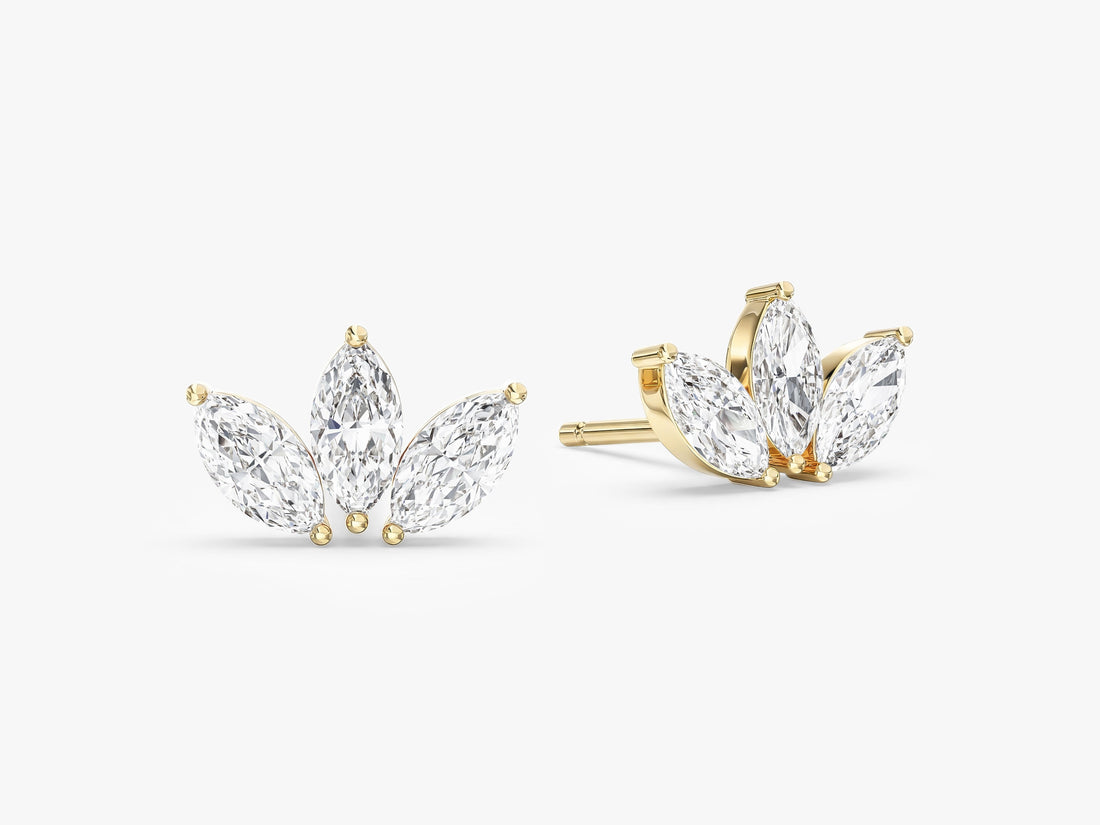 Pair of marquise crown cluster lab grown diamond stud earrings in yellow gold, E color VVS2 lab grown diamonds