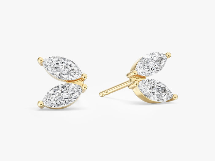 Pair of marquise duo cluster lab grown diamond stud earrings in yellow gold, E color VVS2 lab grown diamonds