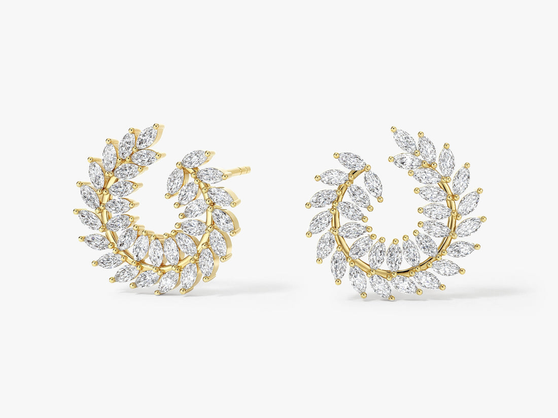 Pair of marquise olive leaf wreath cluster lab grown diamond stud earrings in yellow gold, E color VVS2 lab grown diamonds