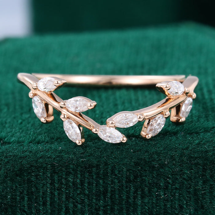 Marquise moissanite twig leaf wedding band, front view in rose gold
