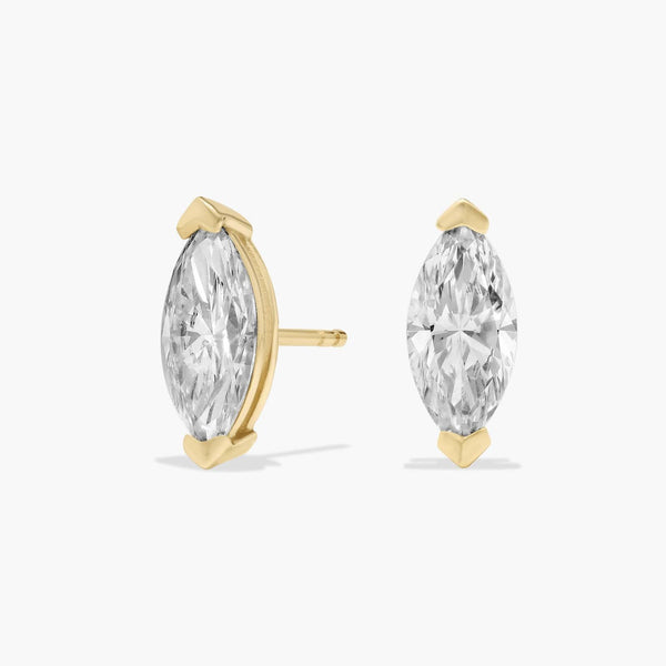 Marquise Cut Moissanite Stud Earrings Half Bezel Set | Minimalist Diamond Alternative Earrings | Solid Gold or Silver | Gift for Women