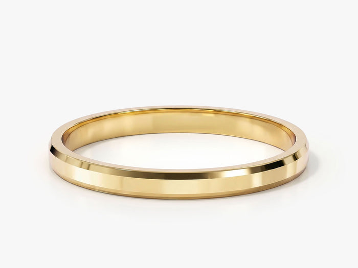 2mm beveled edge wedding band in polished yellow gold