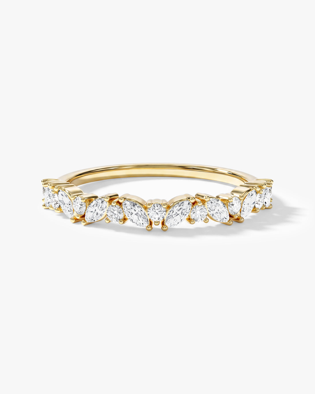Alternating marquise and round moissanite half eternity wedding band in yellow gold
