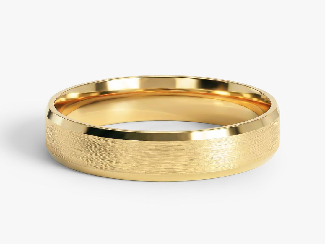 4mm beveled edge matte brushed wedding band in yellow gold