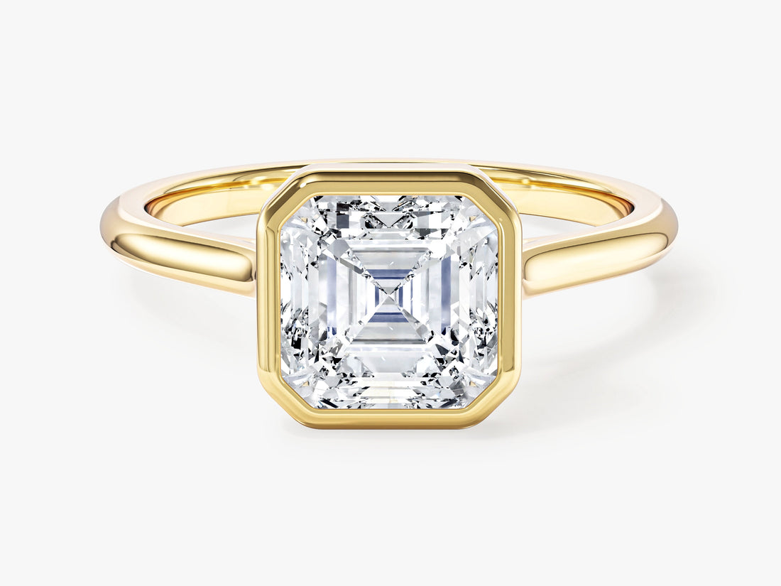 Asscher cut moissanite full bezel engagement ring in yellow gold, front view