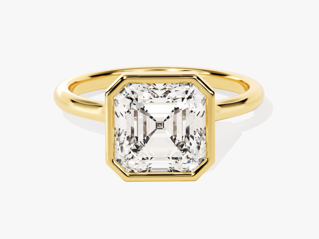 Large Asscher moissanite bezel statement engagement ring in yellow gold, front view