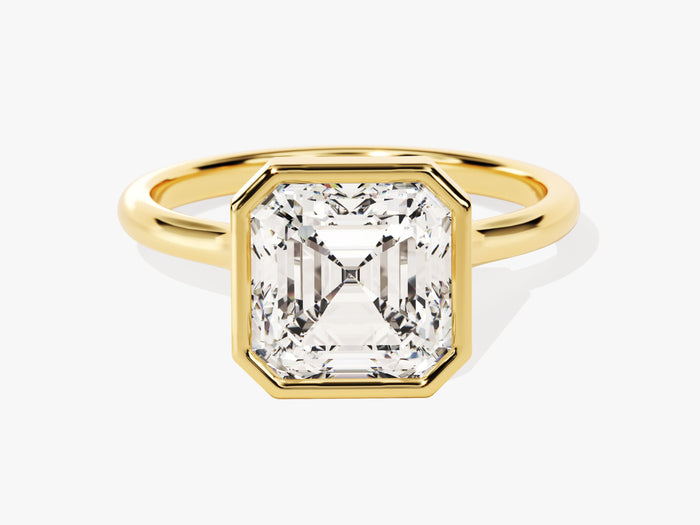 Large Asscher moissanite bezel statement engagement ring in yellow gold, front view