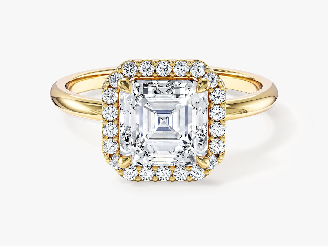Asscher cut moissanite halo engagement ring with plain band in yellow gold, front view
