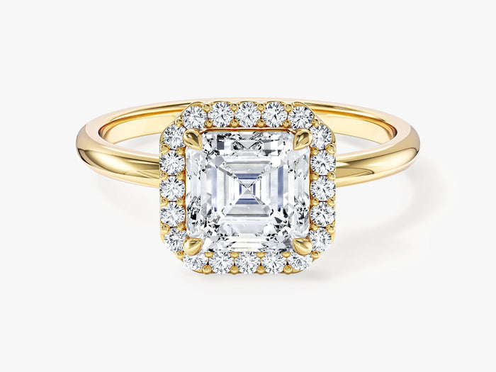 Square Asscher moissanite micro prong halo engagement ring in yellow gold, front view