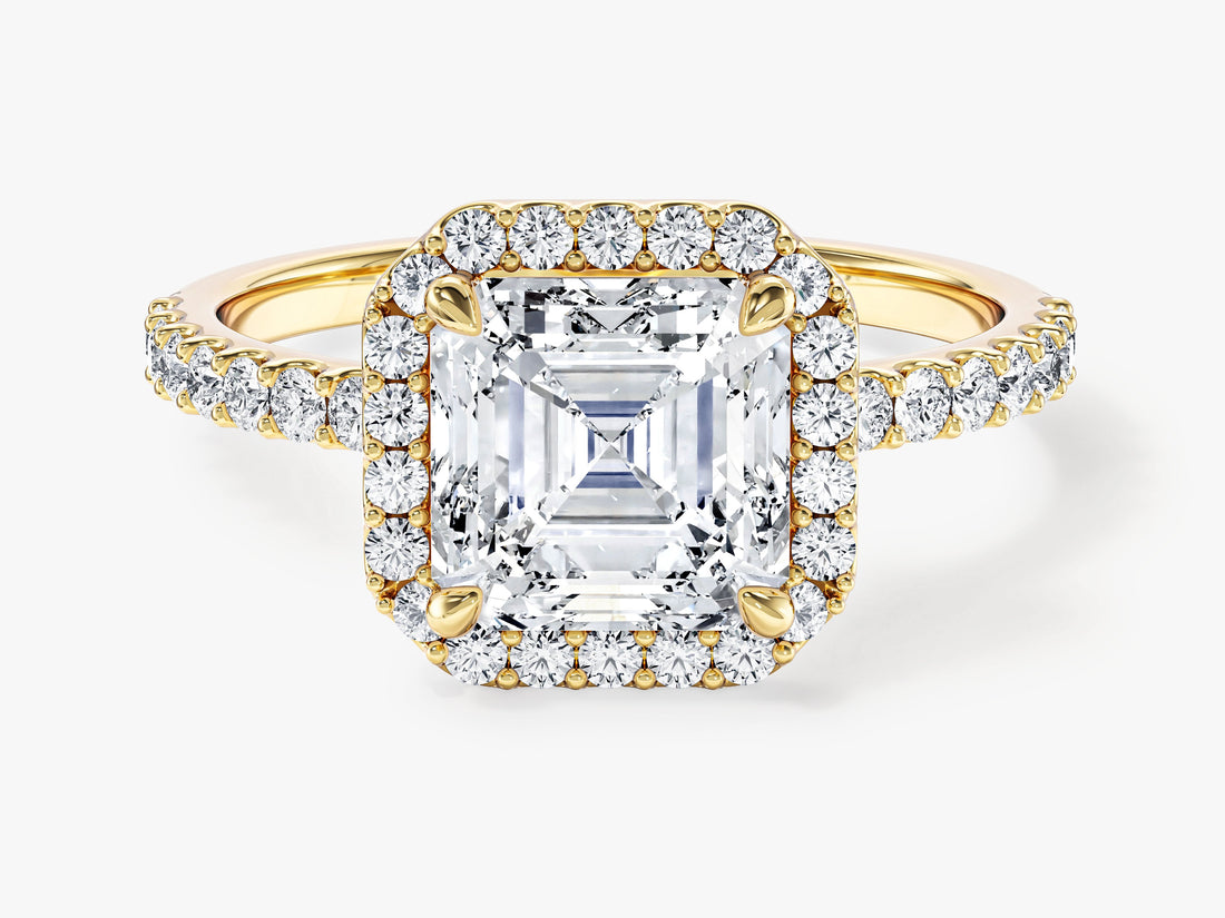 Asscher cut moissanite halo engagement ring with pave band in 14K yellow gold, front view