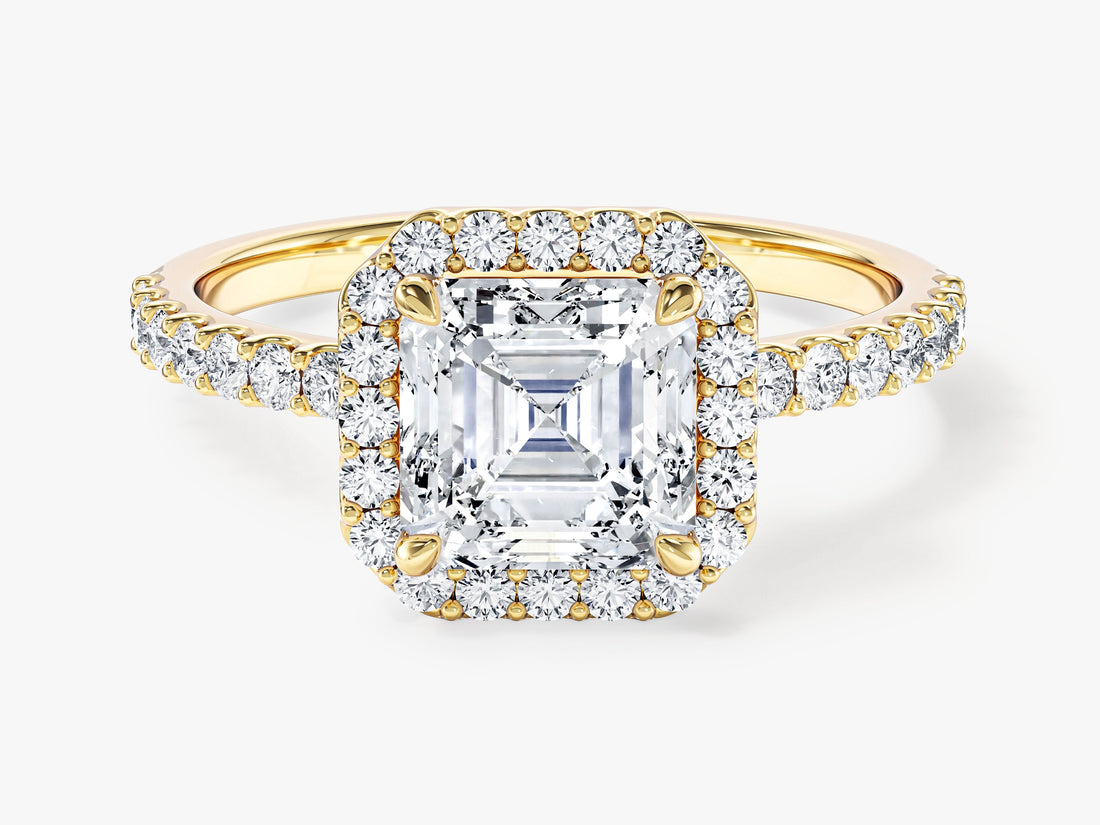 Art deco Asscher moissanite square halo engagement ring with pave shoulders in 14K yellow gold