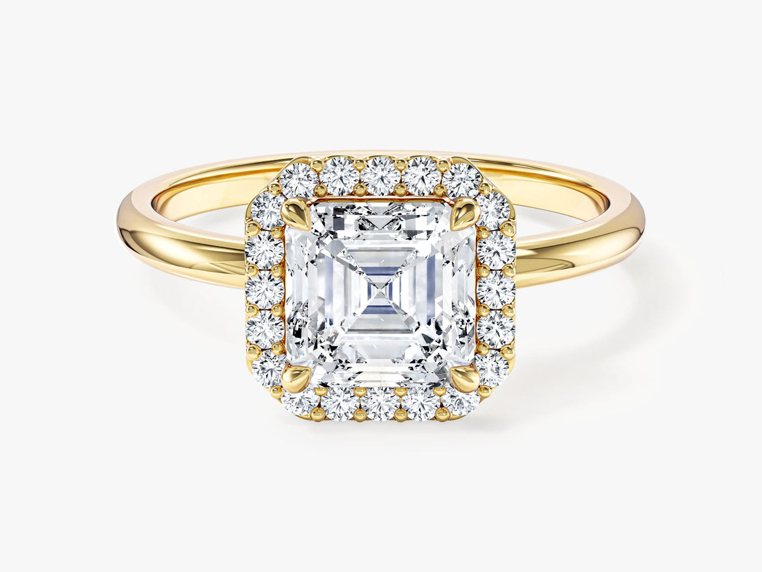 Square Asscher lab grown diamond halo engagement ring with corner claws in yellow gold, front view