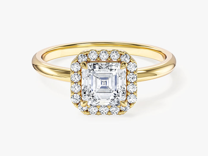 Art Deco Asscher lab grown diamond micro pave halo engagement ring in yellow gold, front view