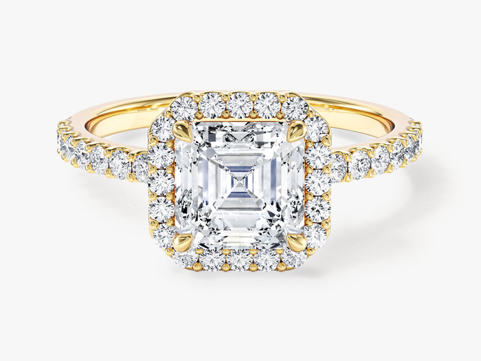 Asscher cut lab grown diamond square halo ring with pave side stones in yellow gold, front view