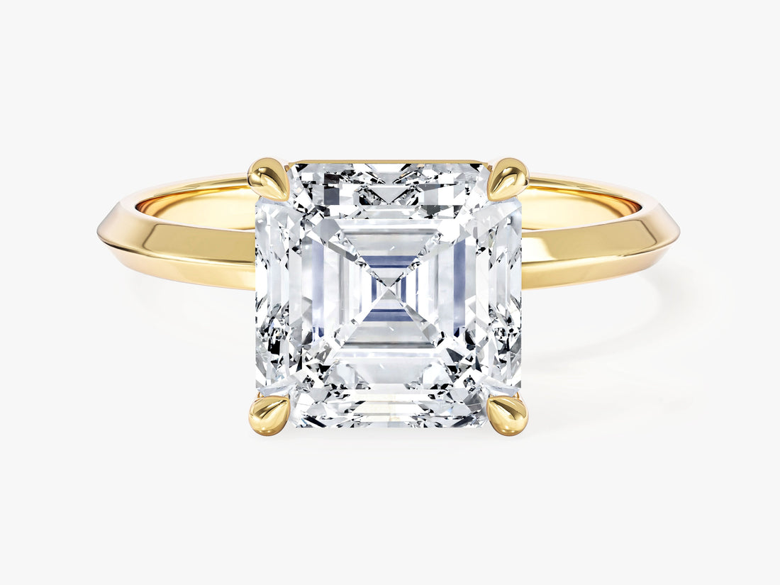 Square asscher lab grown diamond knife edge engagement ring in yellow gold, front view