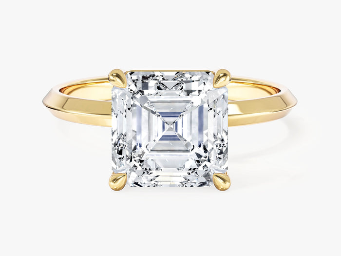 Square asscher lab grown diamond knife edge engagement ring in yellow gold, front view
