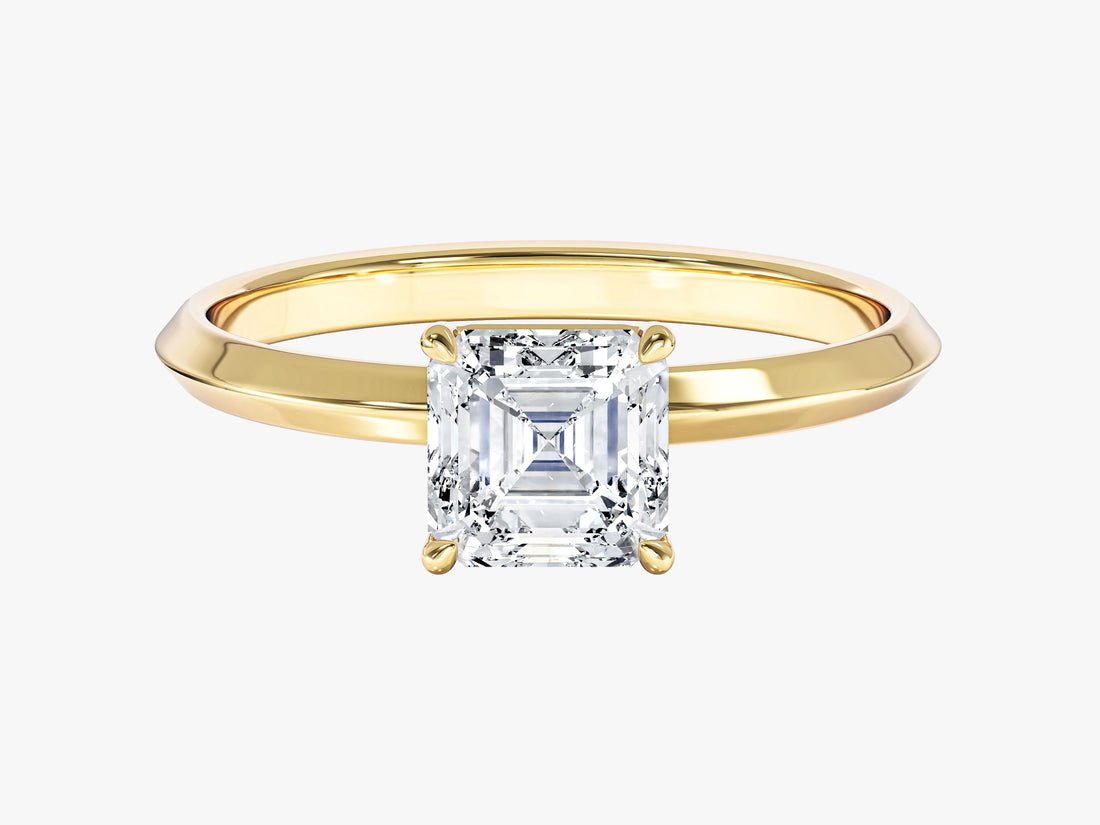 Dainty Asscher cut moissanite knife edge solitaire engagement ring in 14K yellow gold, front view