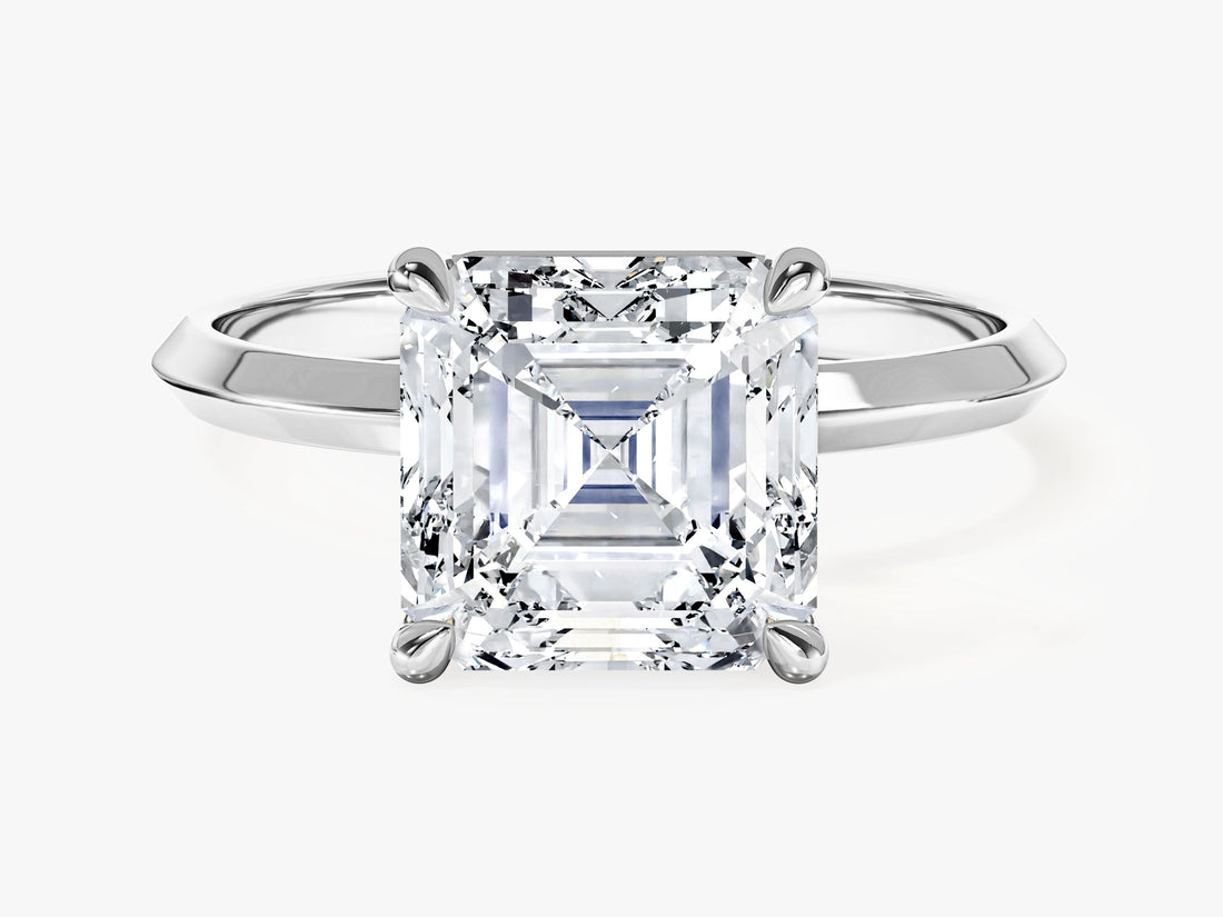 Large Asscher moissanite statement solitaire engagement ring with knife edge shank in 14K white gold