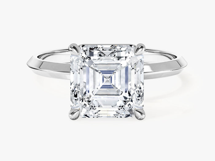 Large Asscher moissanite statement solitaire engagement ring with knife edge shank in 14K white gold