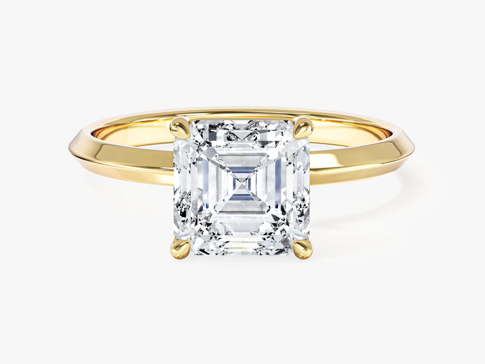 Asscher lab grown diamond knife edge solitaire engagement ring in yellow gold, front view