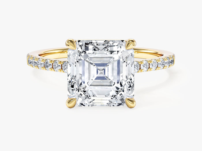 Large asscher cut moissanite statement engagement ring with pave set band in 14K yellow gold, front view