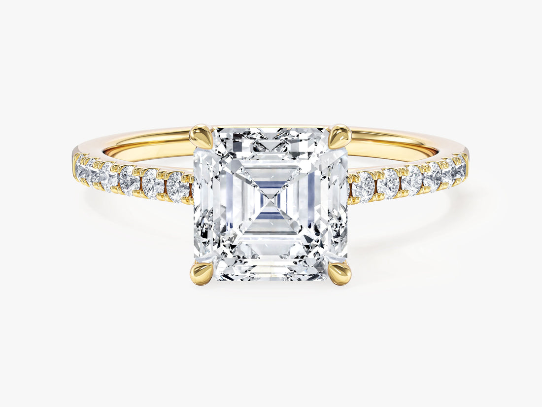 Art deco asscher cut moissanite engagement ring with pave shoulders in 14K yellow gold, front view