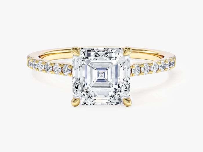 Art deco asscher cut moissanite engagement ring with pave shoulders in 14K yellow gold, front view