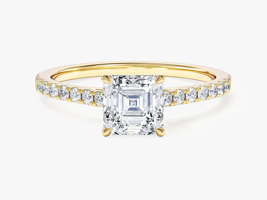 Asscher lab grown diamond engagement ring with half pave band in yellow gold, front view