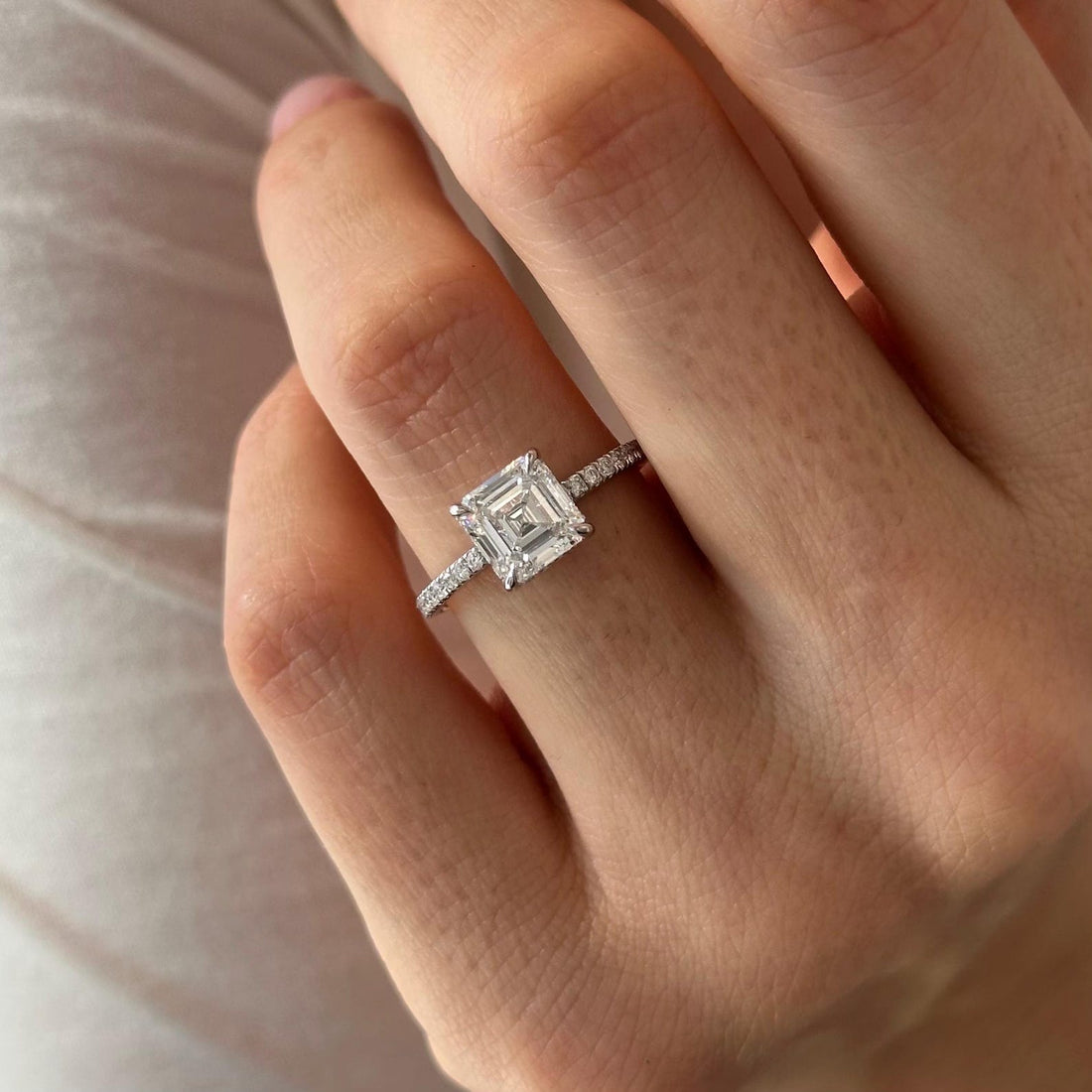 Asscher cut moissanite pave band engagement ring in white gold
