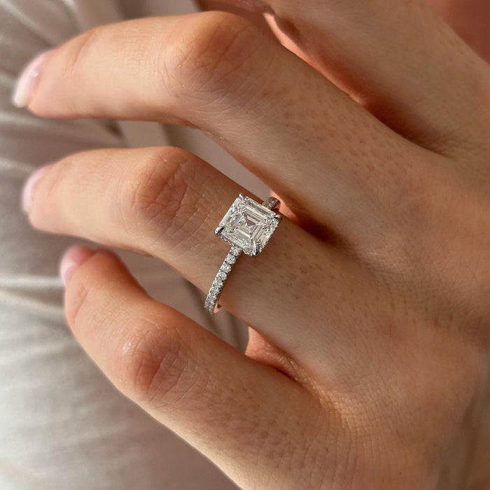 Asscher cut moissanite pave band engagement ring in white gold, view 2