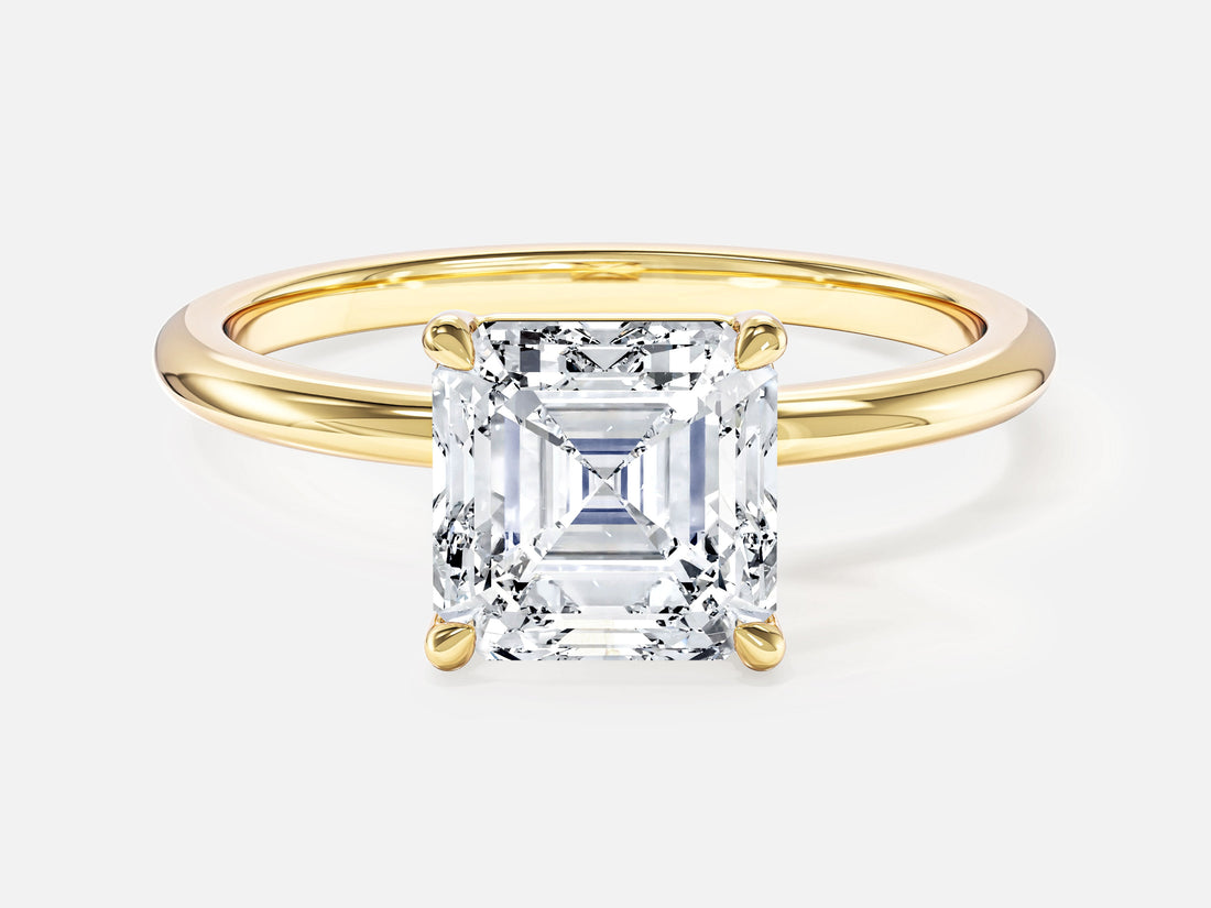 Square Asscher moissanite minimalist engagement ring with corner prongs in yellow gold, front view
