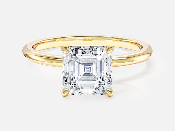Square Asscher lab grown diamond minimalist engagement ring in yellow gold, front view