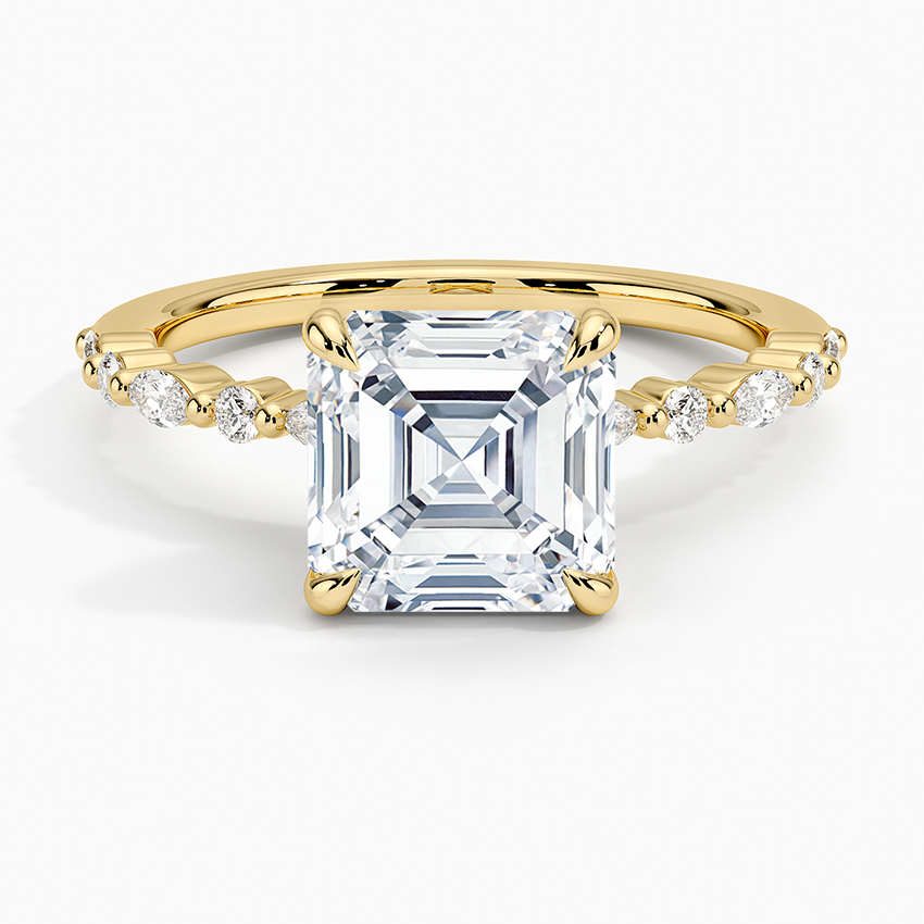 Asscher cut moissanite alternating marquise shoulder ring in yellow gold, top view
