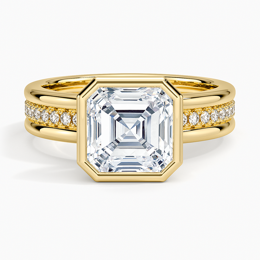 Asscher cut moissanite bezel ring with double rail eternity pave band in yellow gold, top view