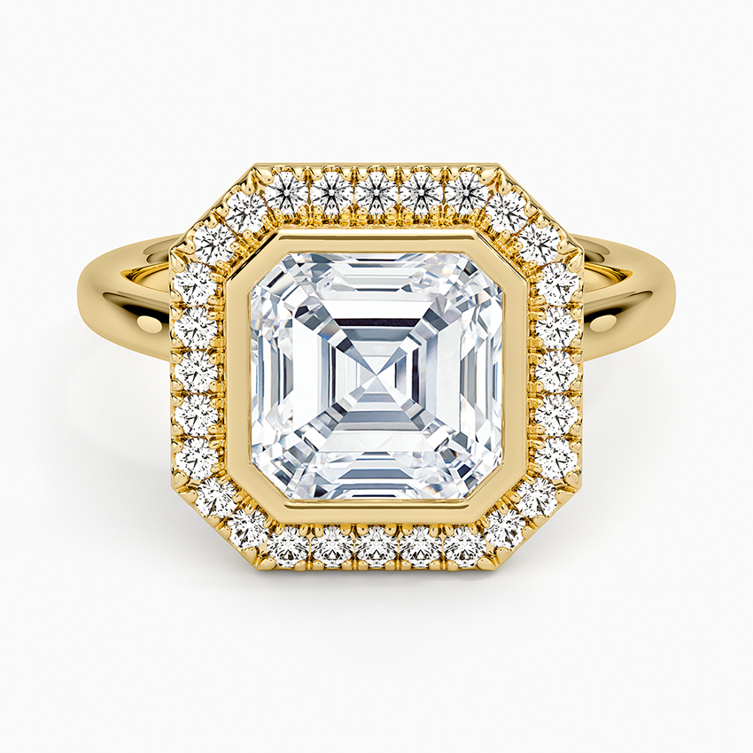 Asscher cut moissanite bezel set halo ring in yellow gold, top view