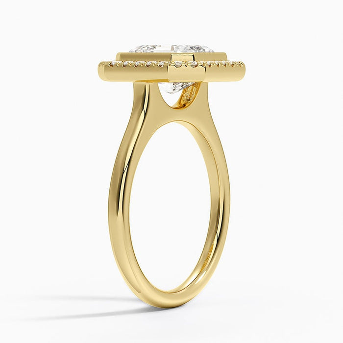 Side view showing the pave halo set outside the bezel rim