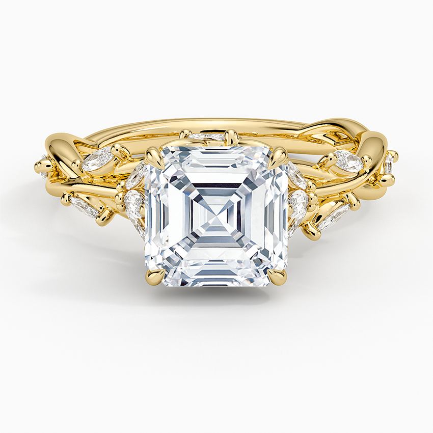 Asscher cut moissanite branching vine ring with marquise leaves in yellow gold, top view