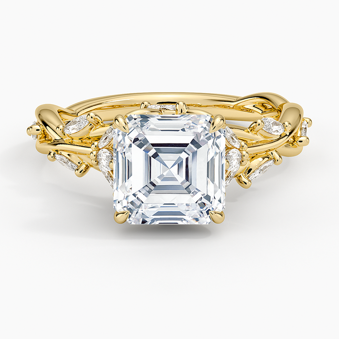 Asscher cut moissanite branching vine ring with marquise leaves in yellow gold, top view