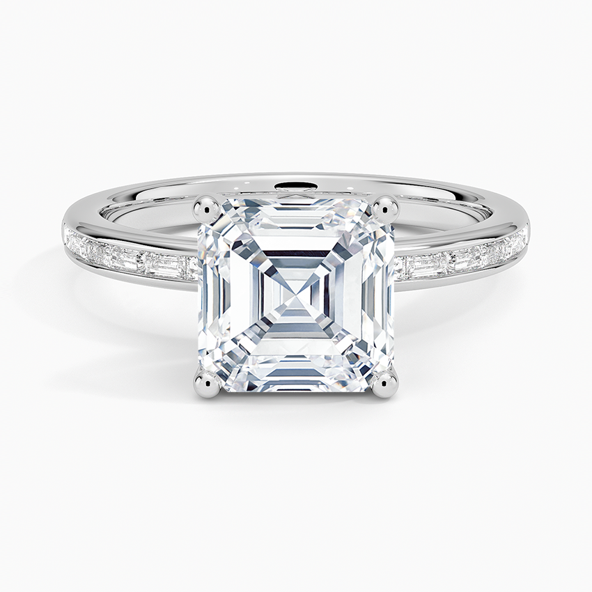 Asscher cut moissanite ring with channel set baguette shoulders in white gold, top view