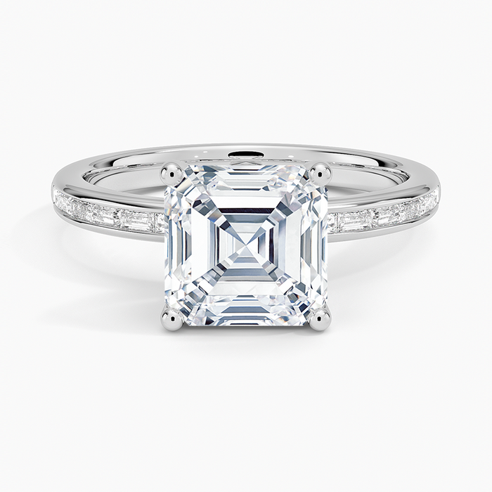 Asscher cut moissanite ring with channel set baguette shoulders in white gold, top view