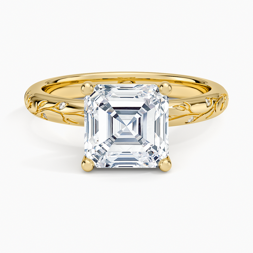Asscher cut moissanite delicate vine ring in yellow gold, top view