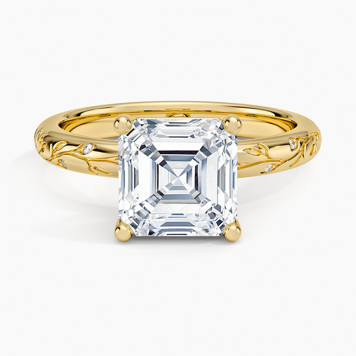 Asscher cut moissanite delicate vine ring in yellow gold, top view