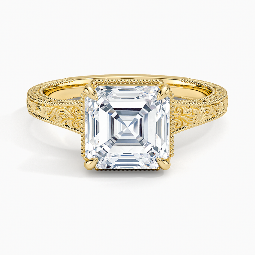 Asscher cut moissanite dense acanthus engraved ring in yellow gold, top view