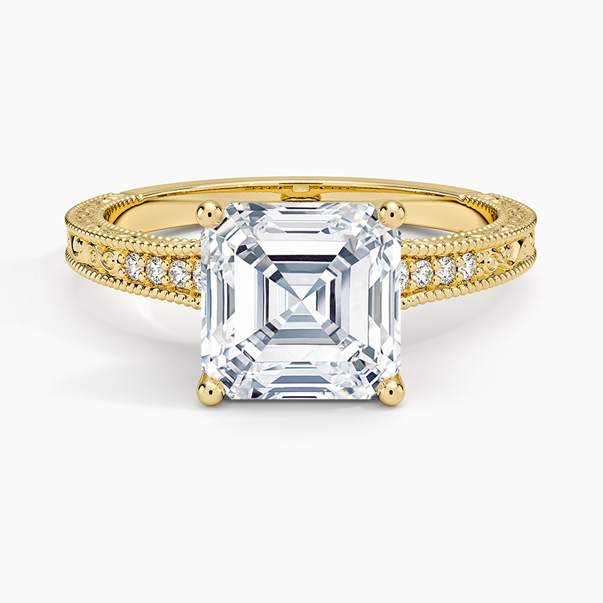 Asscher cut moissanite engraved knife edge milgrain ring in yellow gold, top view