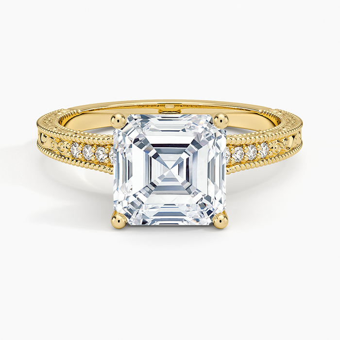 Asscher cut moissanite engraved knife edge milgrain ring in yellow gold, top view