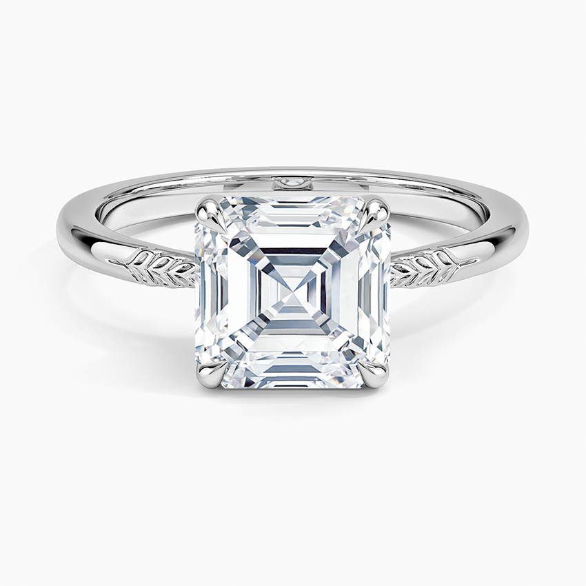 Asscher cut moissanite ring with hand engraved leaf band in white gold, top view