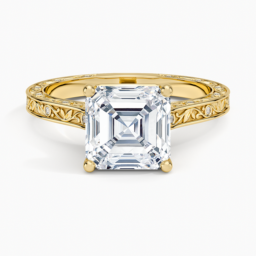Asscher cut moissanite engraved vine ring with flush set diamonds in yellow gold, top view