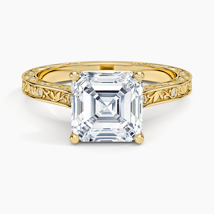 Asscher cut moissanite engraved vine ring with flush set diamonds in yellow gold, top view